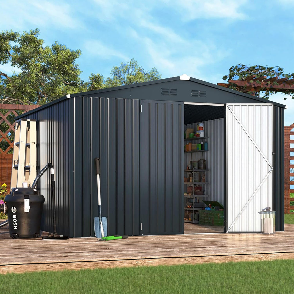 YODOLLA 10'x10' Metal Storage Shed, Dark Grey