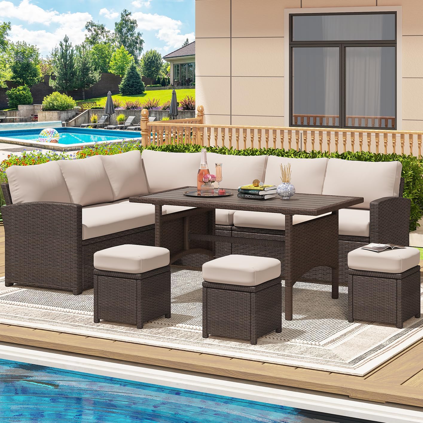 YODOLLA  7-Pc Patio Set, Brown Rattan & Khaki Cushions