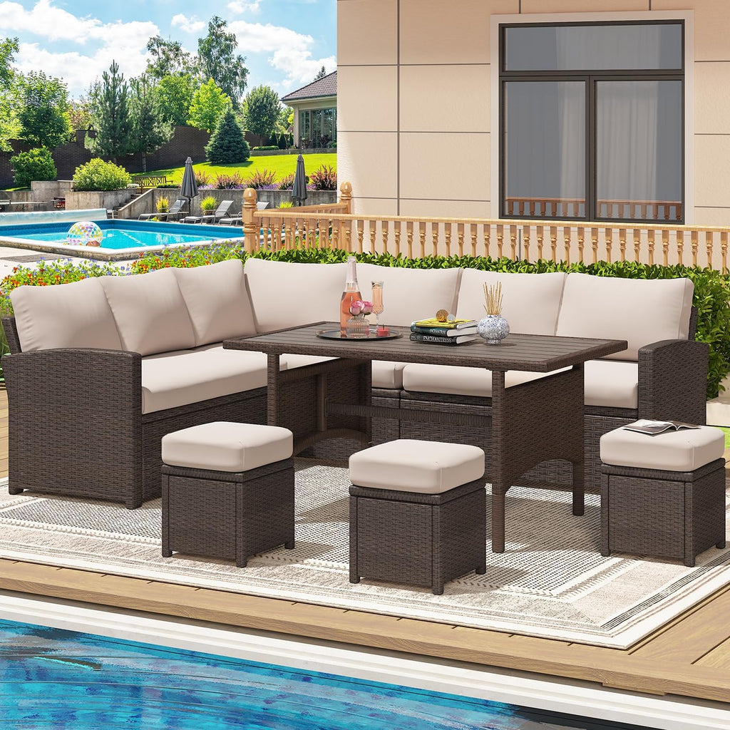 YODOLLA  7-Pc Patio Set, Brown Rattan & Khaki Cushions