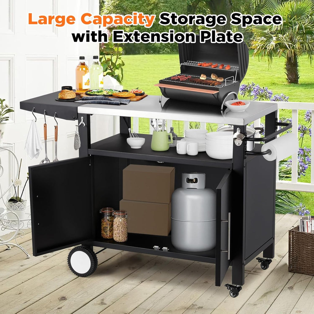 YODOLLA Outdoor Grill Table with Storage Cabinet, Rolling Bar Grill Cart 50’’×20’’×32.2’’