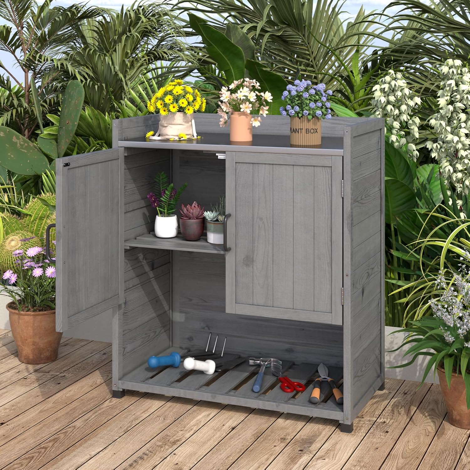 YODOLLA Potting Bench, Outdoor Wooden Storage Cabinet with Adjustable Shelfbest