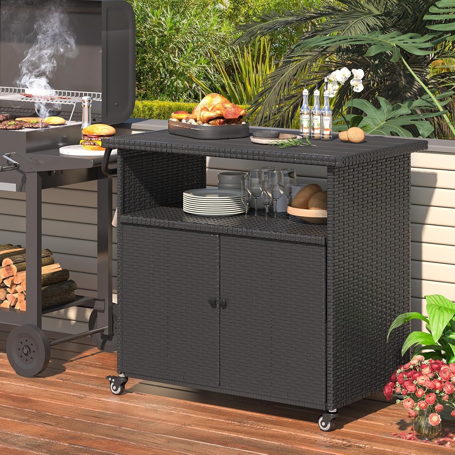 YODOLLA Outdoor Bar Cart, Patio Storage Grill Cart with Handles,Blackbest
