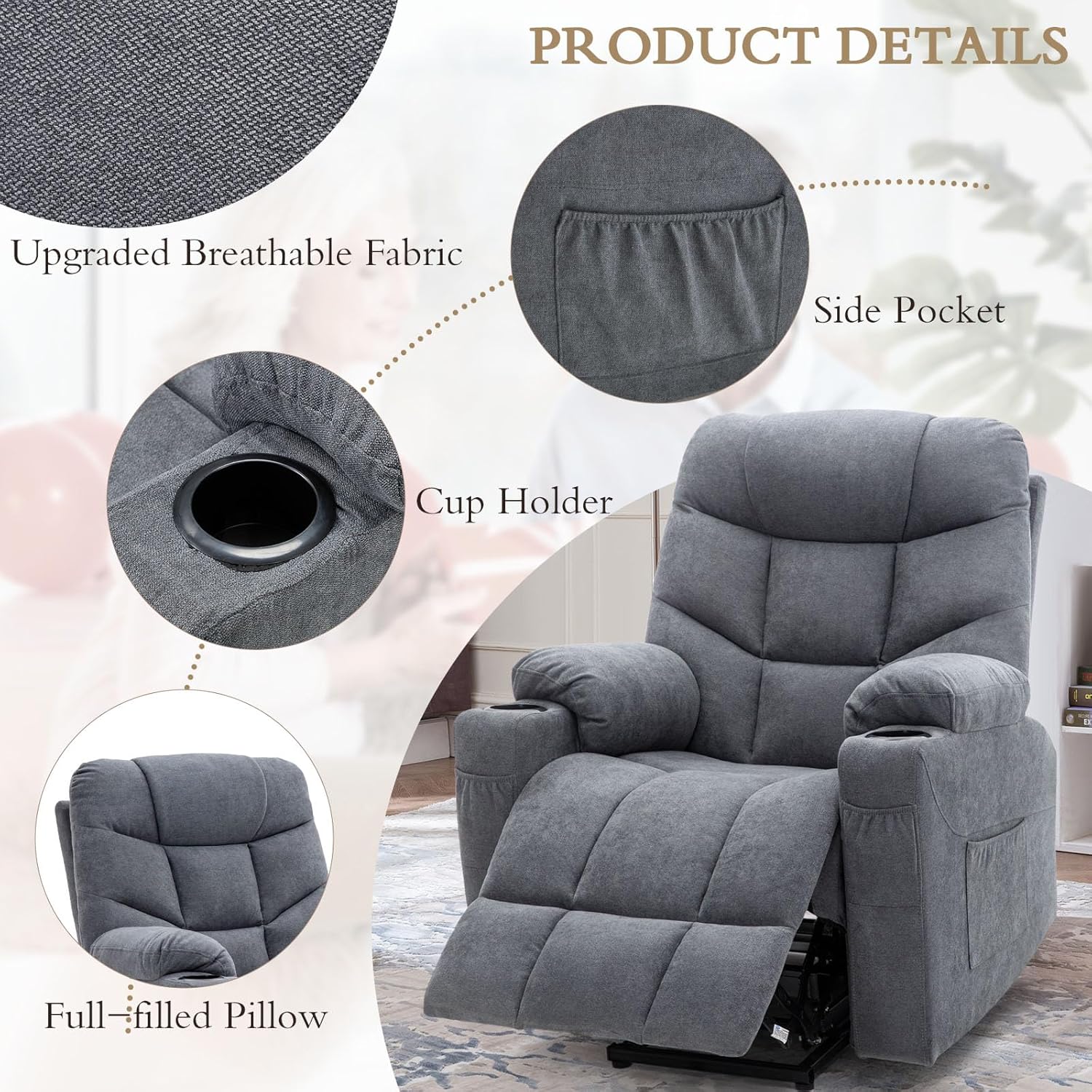 YODOLLA Massage Power Lift Recliner for Elderly, Linen Fabric, Blue Greybest