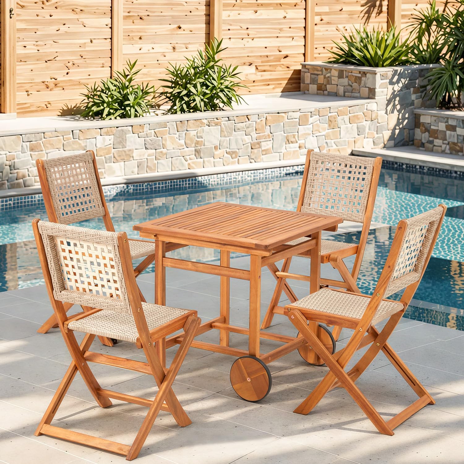 YODOLLA Outdoor Folding Chairs Set, Wooden Patio Dining Set