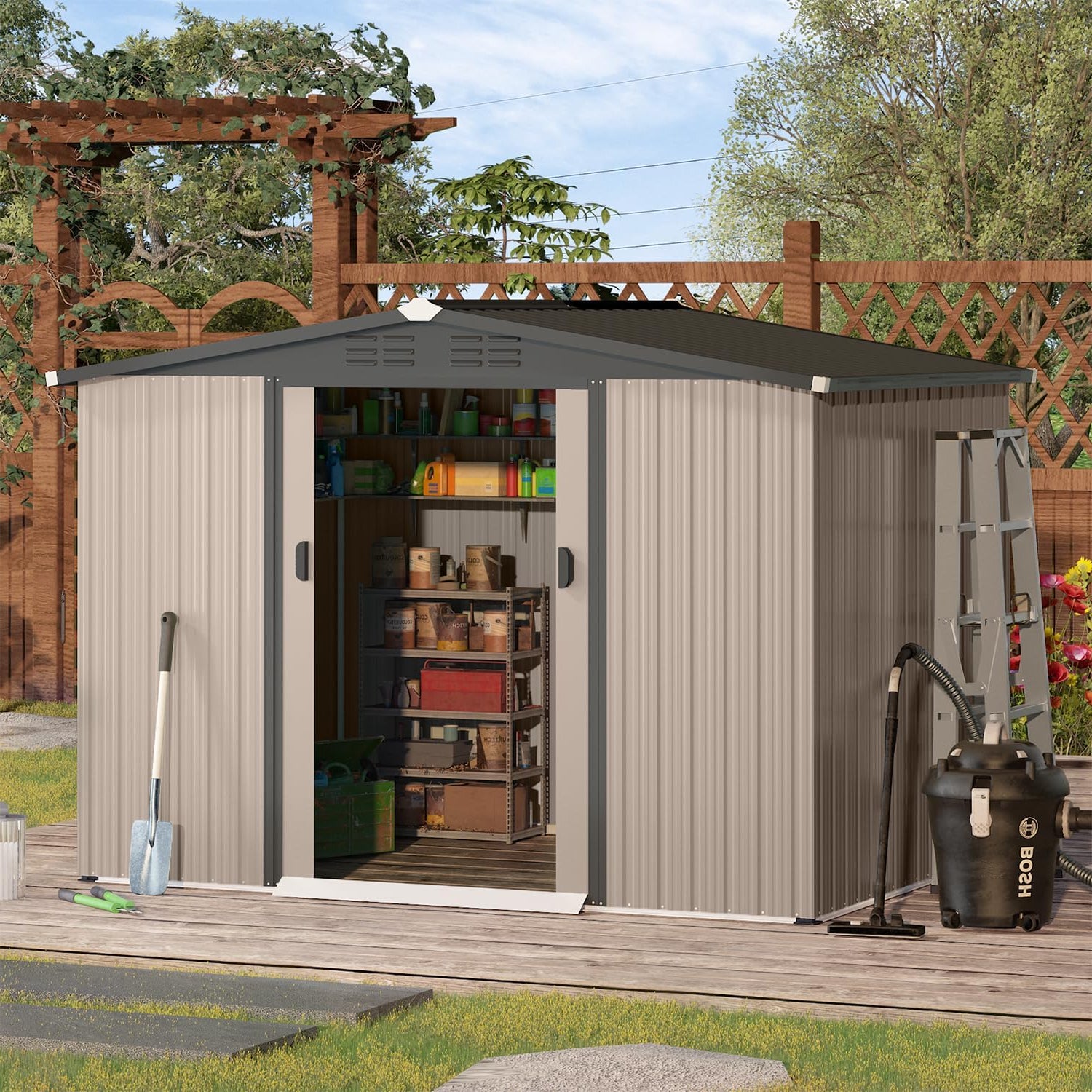 YODOLLA 8 x 6 Ft Outdoor Storage Tool Shed with Sliding Door, Grey