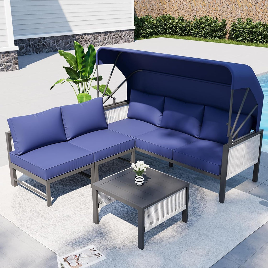 YODOLLA 4 Pieces Aluminum Patio Furniture Set, Retractable Canopy, Dark Blue