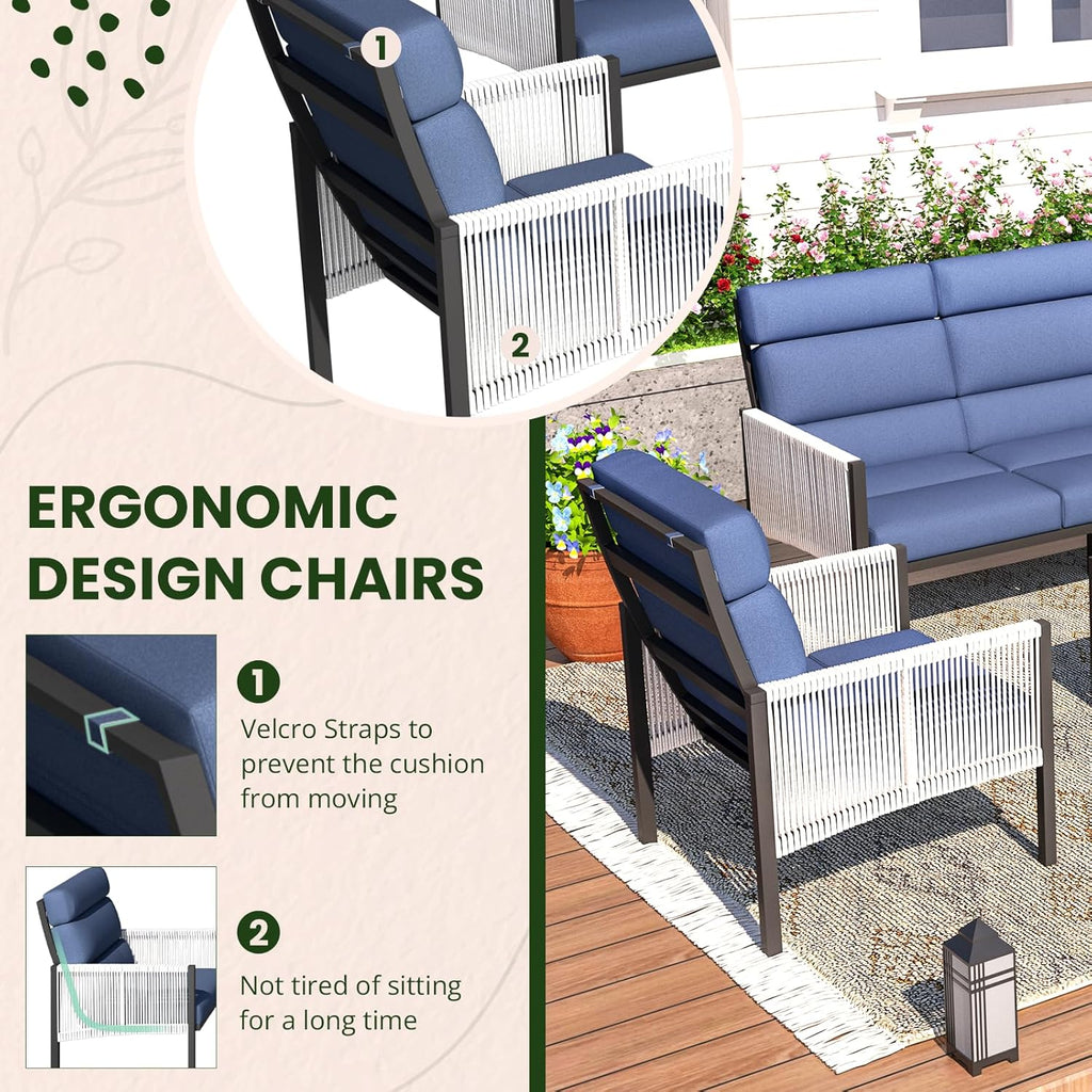 YODOLLA 4 Pieces Aluminum Patio Furniture Set with PE Rope Armrest, Dark Bluebest