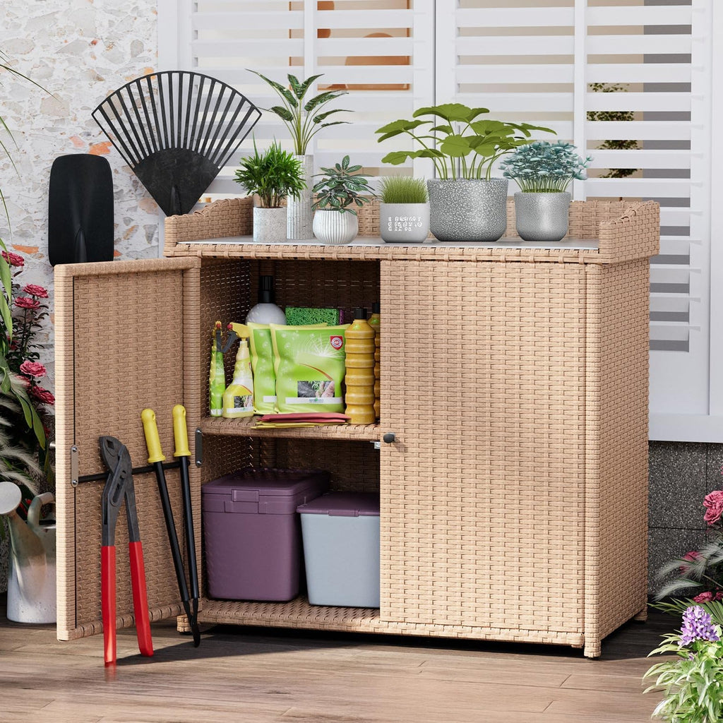 YODOLLA Outdoor Rattan Storage Cabinet, Waterproof, Beigebest
