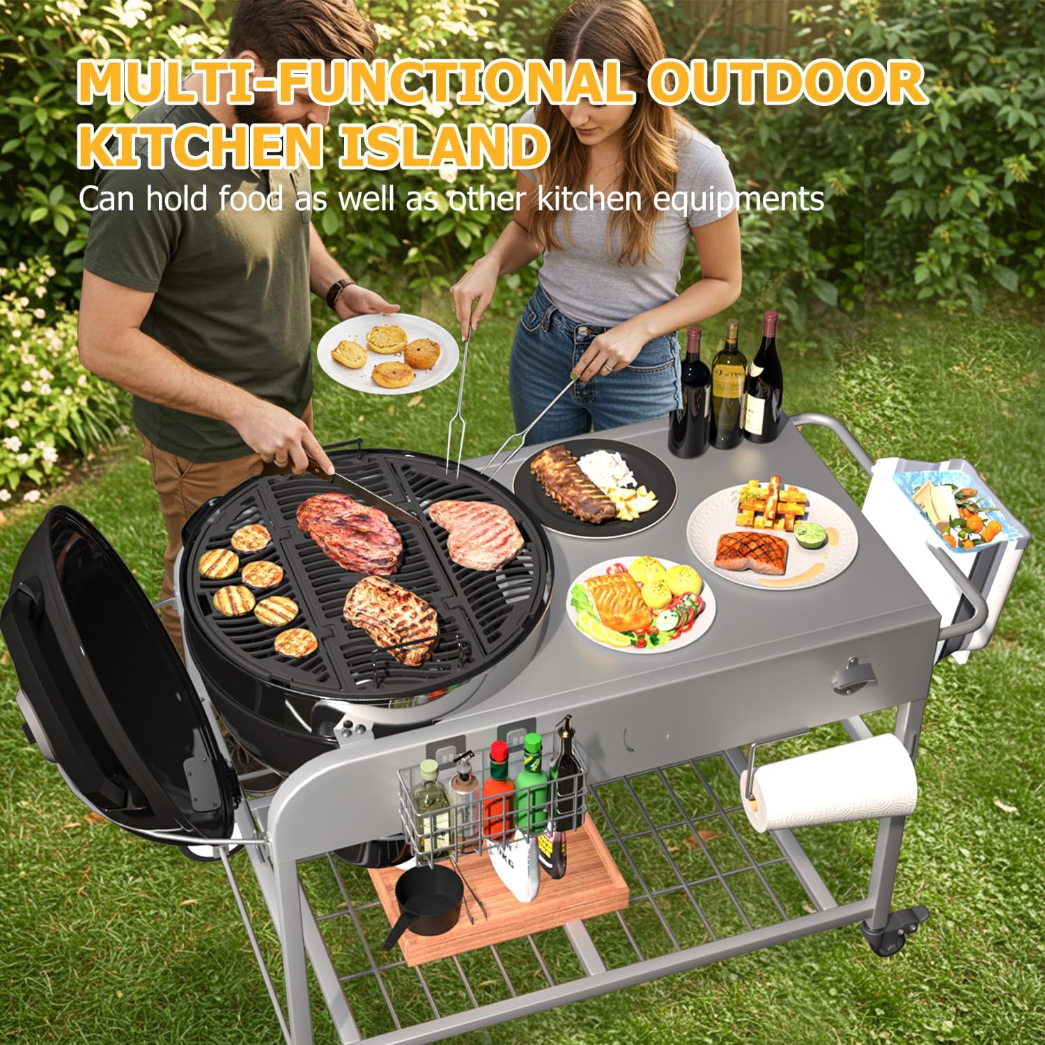 YODOLLA Outdoor Grill Cart with Wheels Kettle Grill Car, Silver