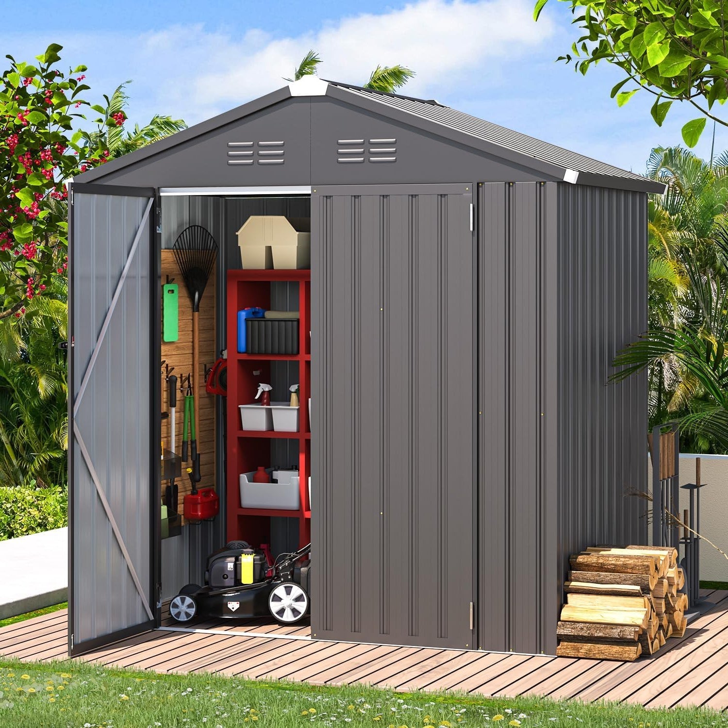 YODOLLA Shed 6' x 4' Storage Shed, Metal Sheds & Outdoor Storage, Dark Grey