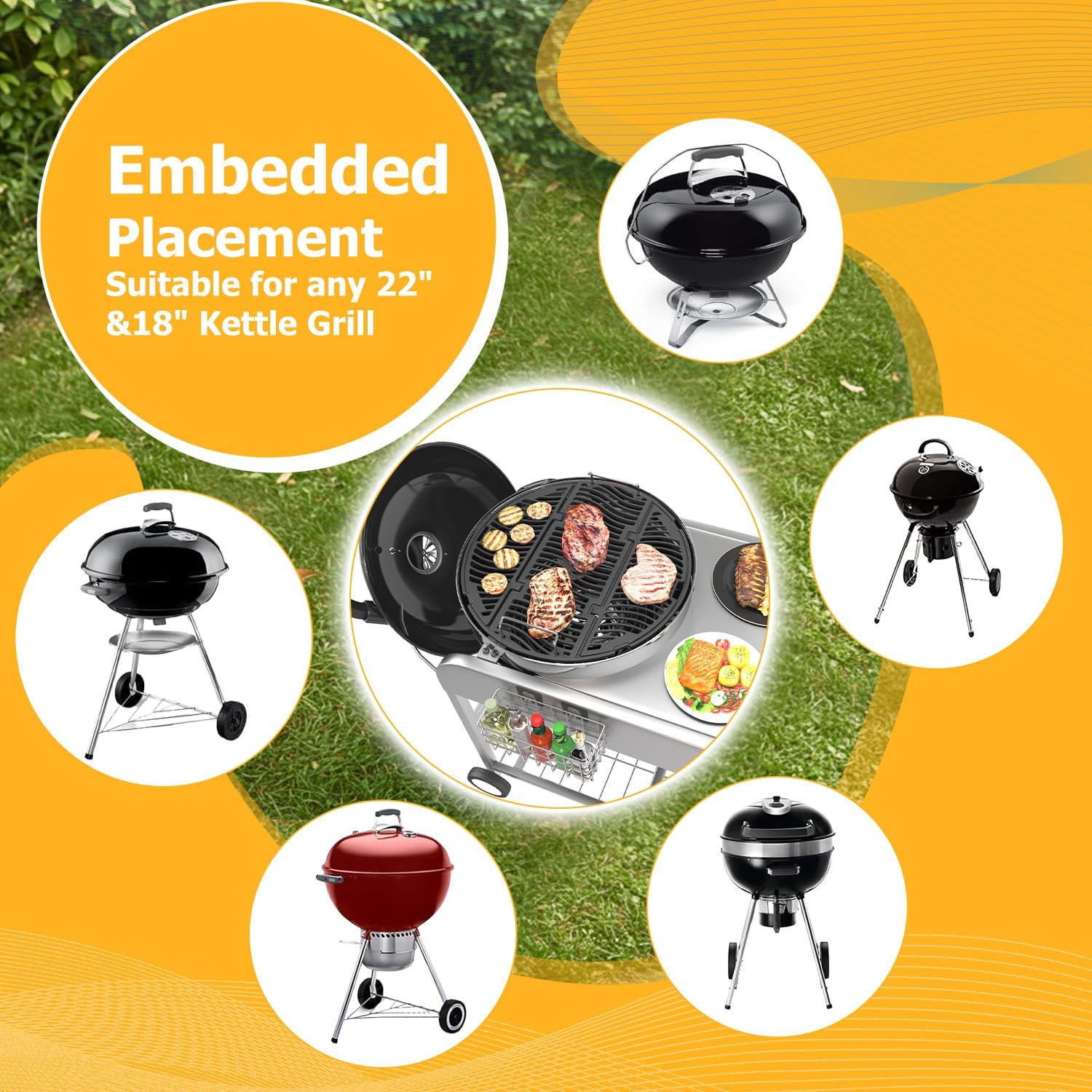 YODOLLA Outdoor Grill Cart with Wheels Kettle Grill Car, Silver