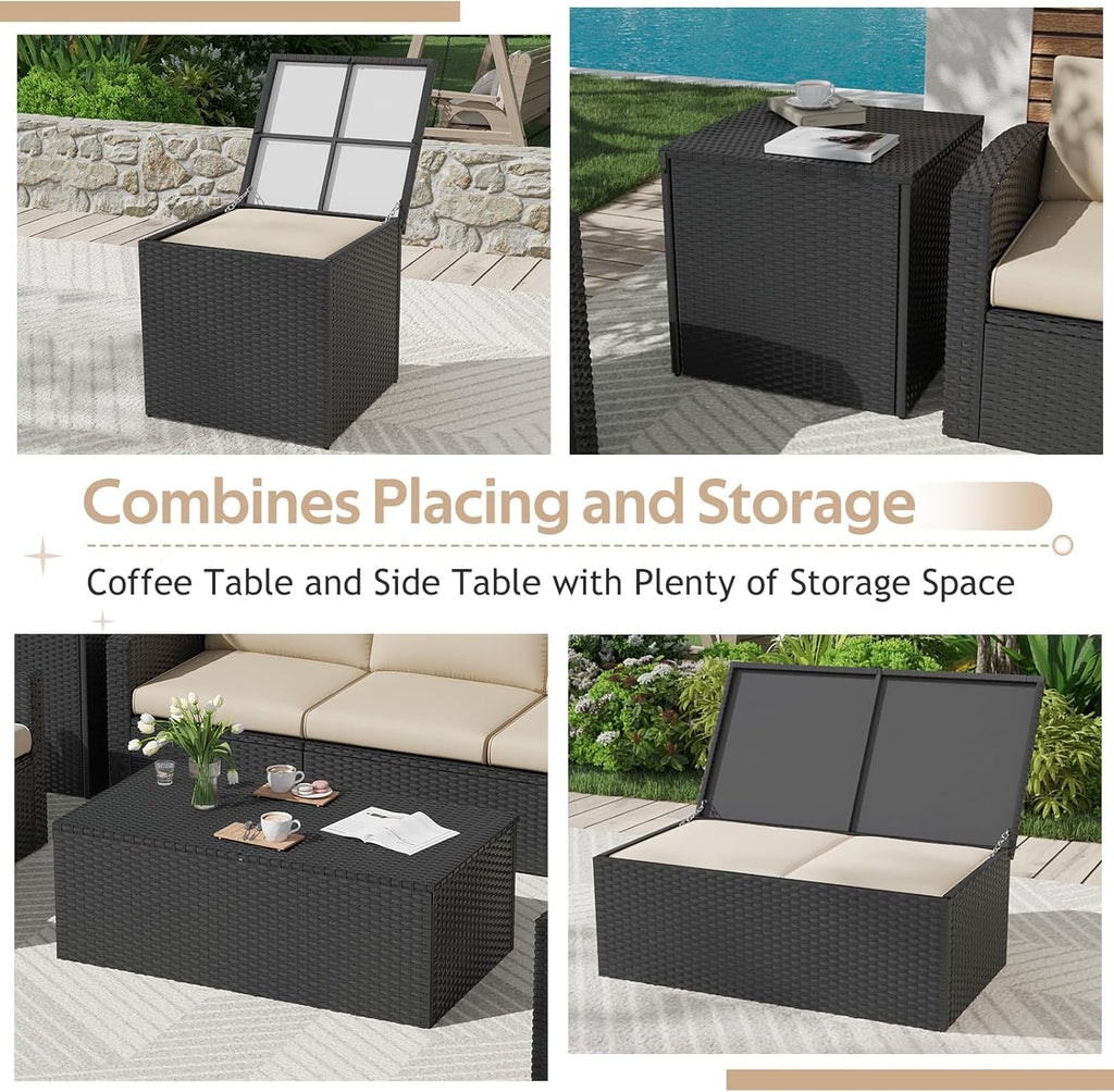 YODOLLA 7 PCS Outdoor Patio Furniture Sets with 2 Storage Boxes, Black & Beigebest