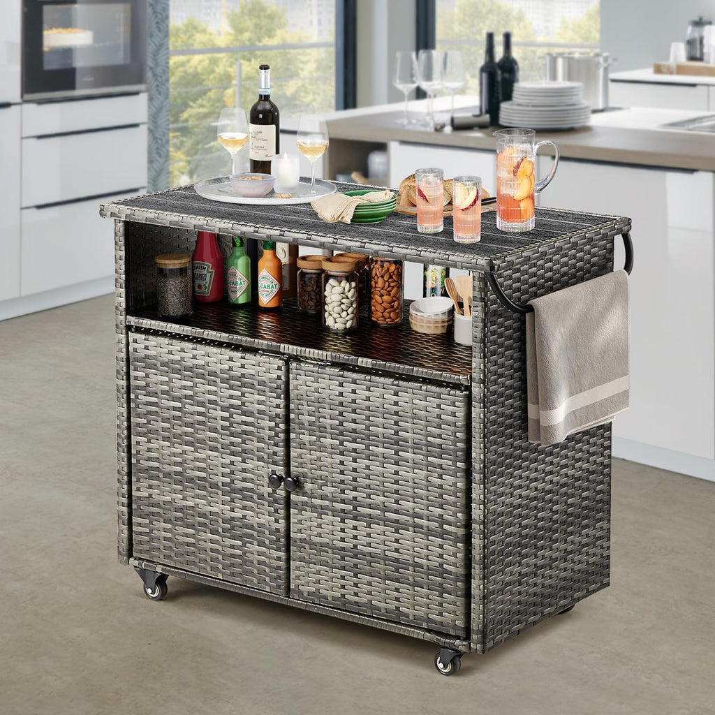 YODOLLA Outdoor Bar Cart with Storage Cabinet, Rattan Bar Table on Wheelsbest