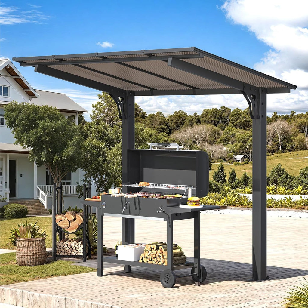 YODOLLA 8' x 5' Hardtop Pergola, Wall-Mounted Grill Gazebo & Carport for Patio, Deck & Outdoor Usebest
