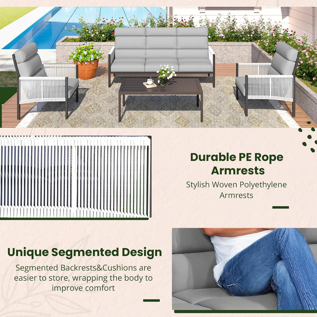 YODOLLA 4 Pieces Aluminum Patio Furniture Set with PE Rope Armrest, Light Greybest