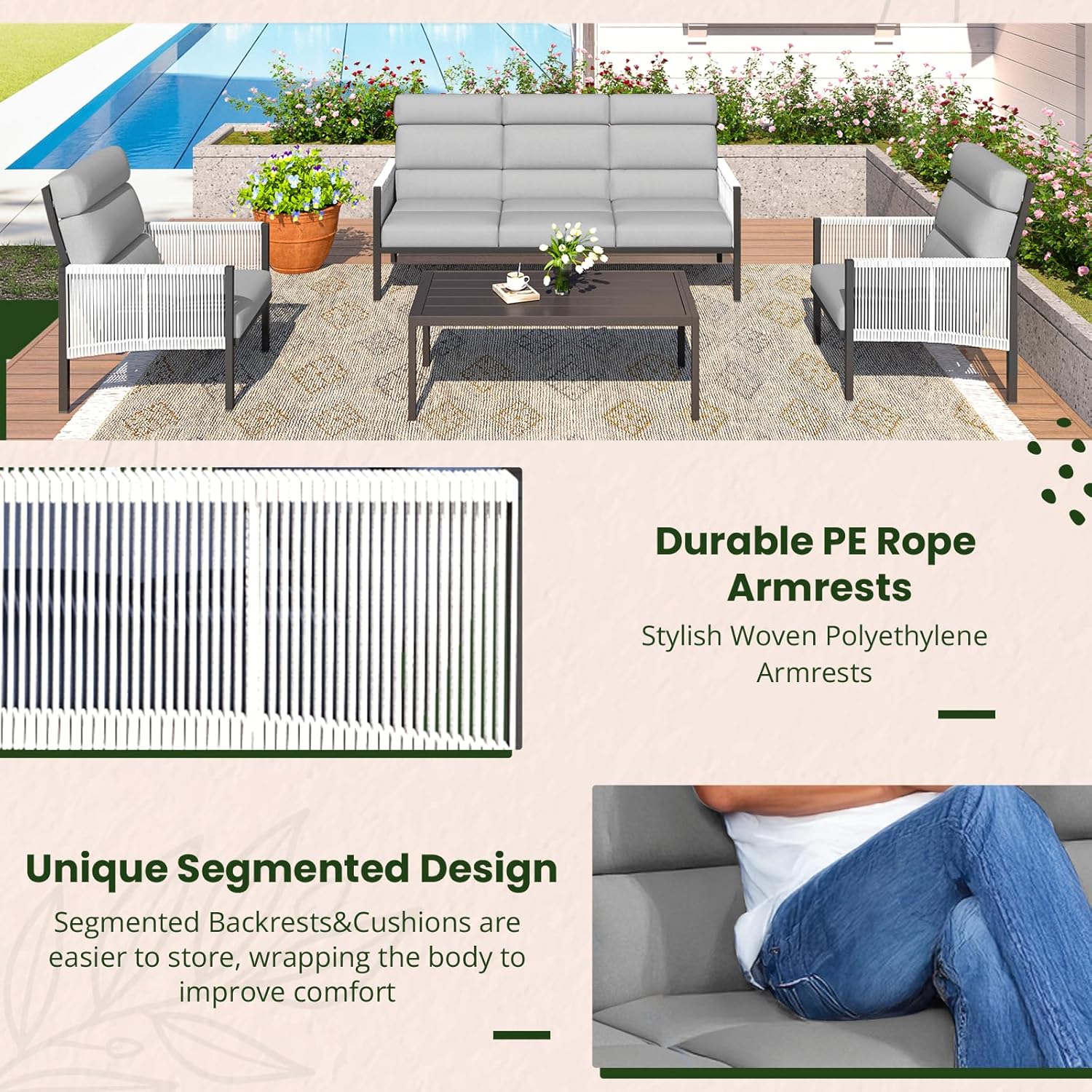 YODOLLA 4 Pieces Aluminum Patio Furniture Set with PE Rope Armrest, Light Greybest