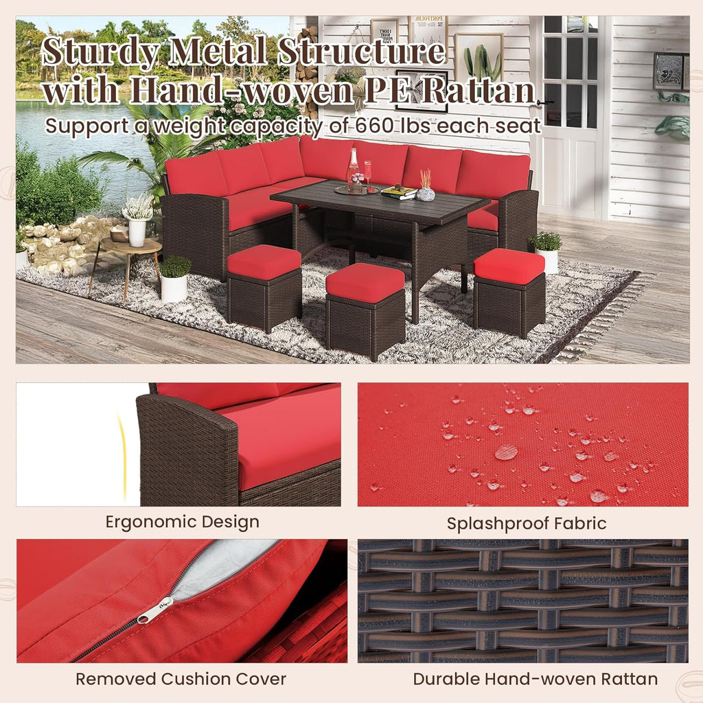 YODOLLA 7-Pc Patio Set, Brown Rattan & Red Cushion