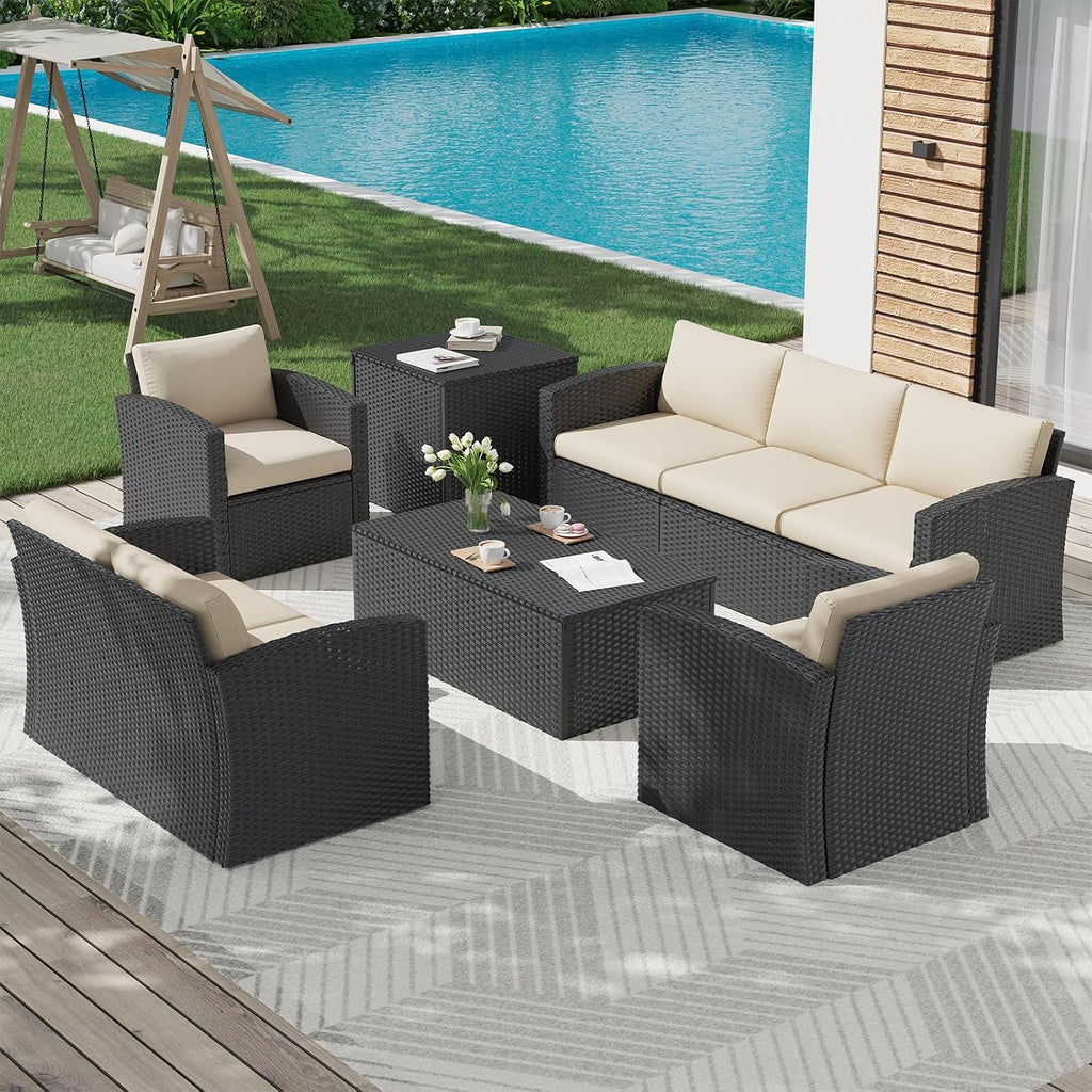 YODOLLA 7 PCS Outdoor Patio Furniture Sets with 2 Storage Boxes, Black & Beigebest