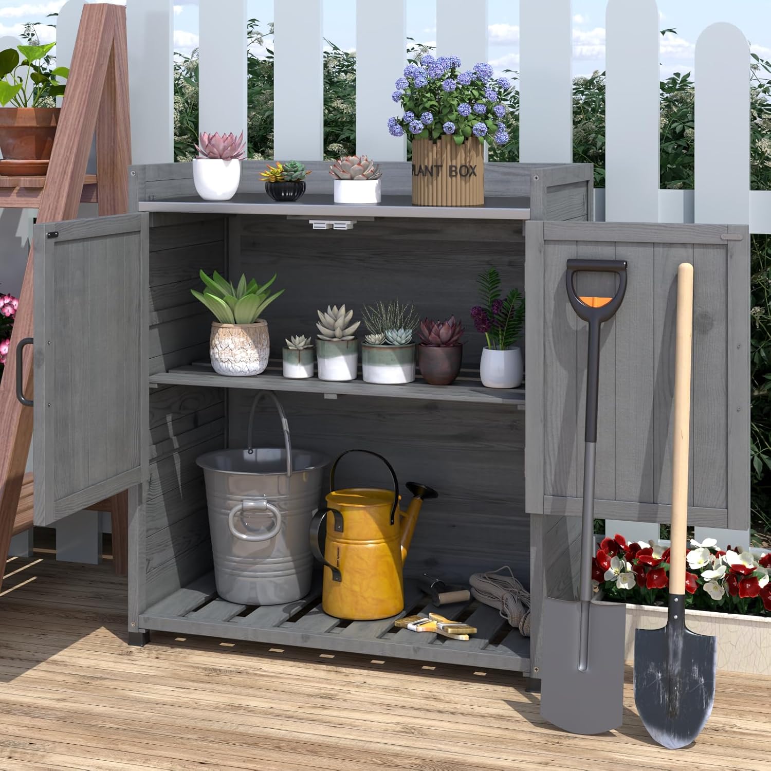 YODOLLA Potting Bench, Outdoor Wooden Storage Cabinet with Adjustable Shelfbest