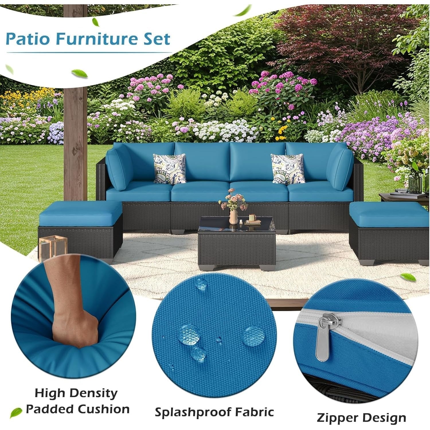 YODOLLA 7 Piece Outdoor Patio Furniture Set, Black & Blue