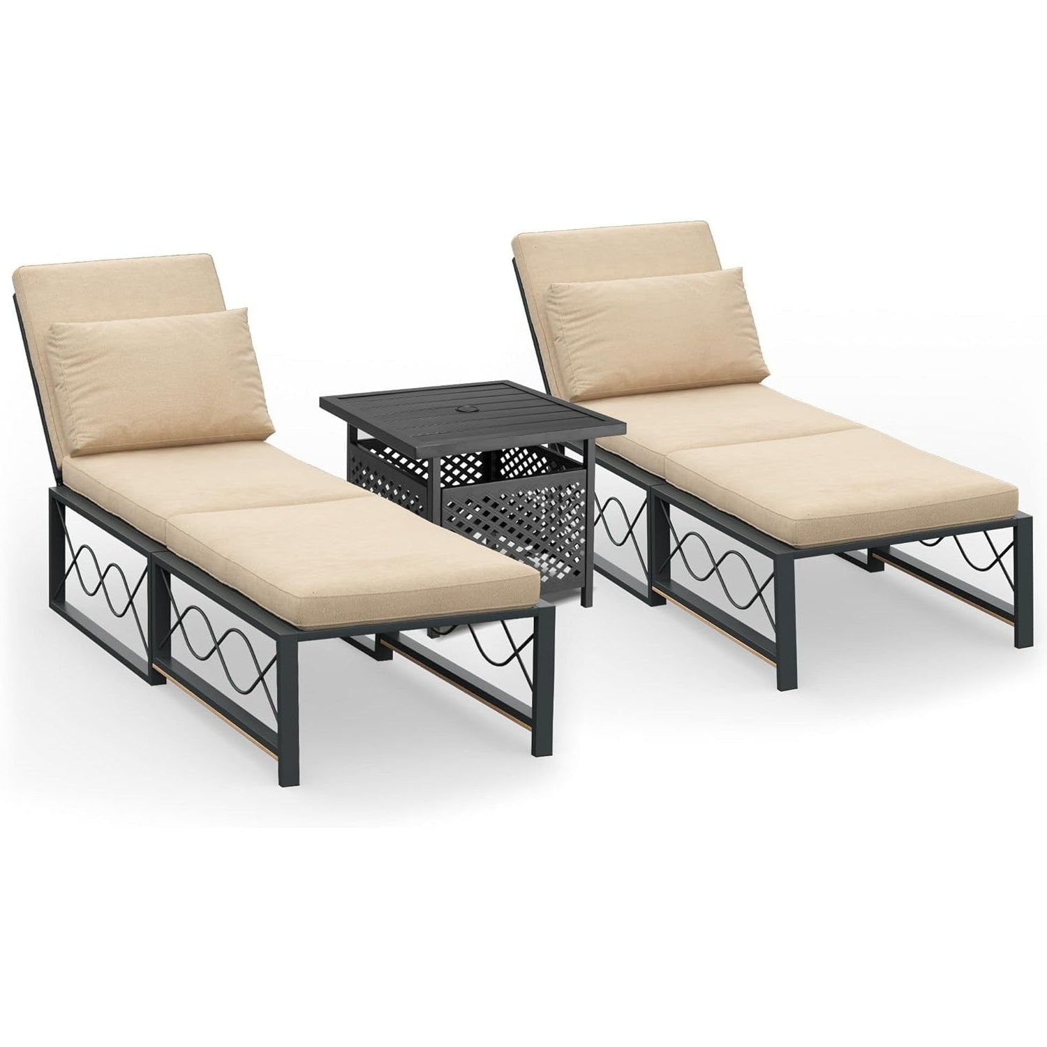 YODOLLA Outdoor Metal Chaise Lounge Adjustable Chair Set of 2 with 1 Side Table