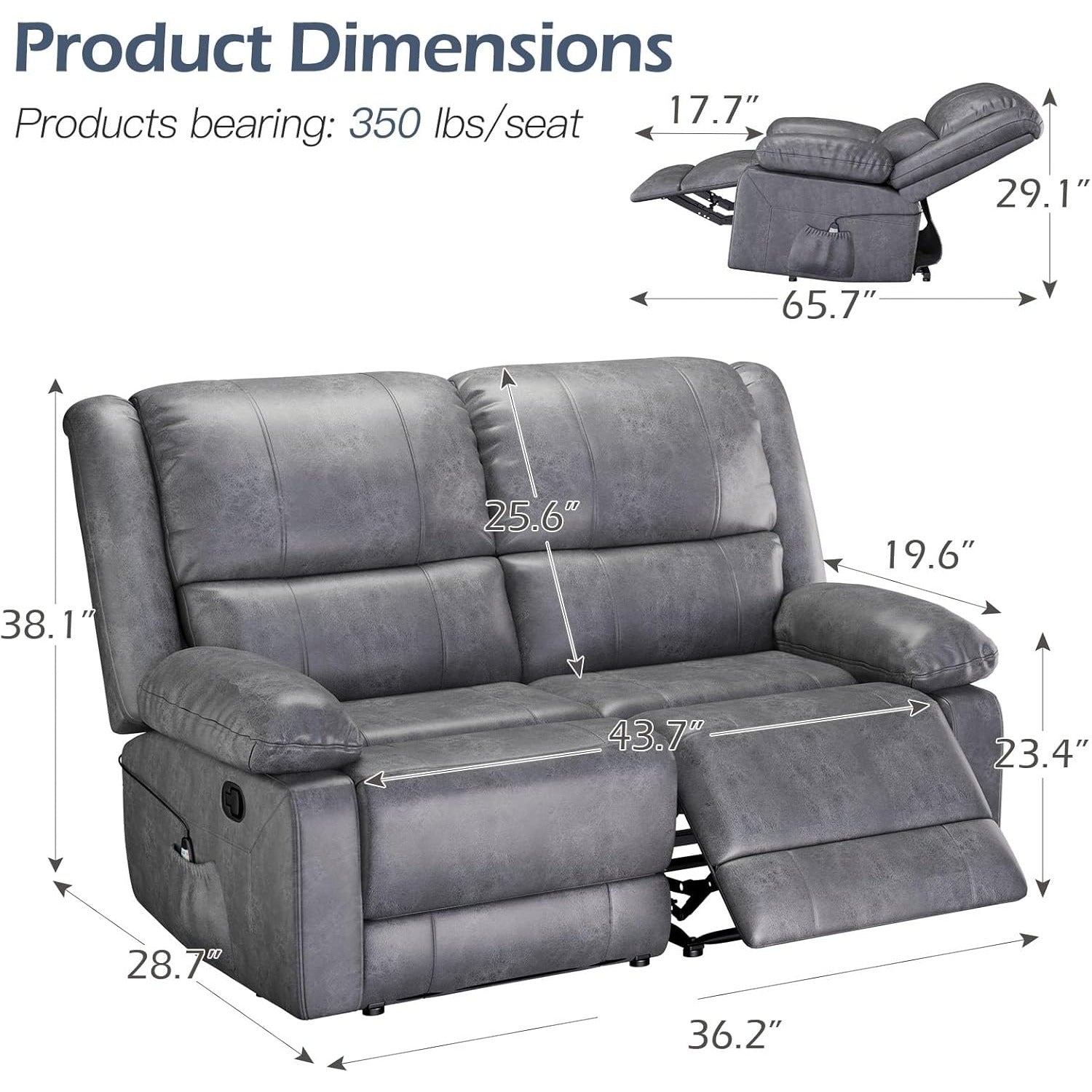 YODOLLA 2 Seat Loveseat Recliner with Heat&Massage Function, Faux Leather, Greybest