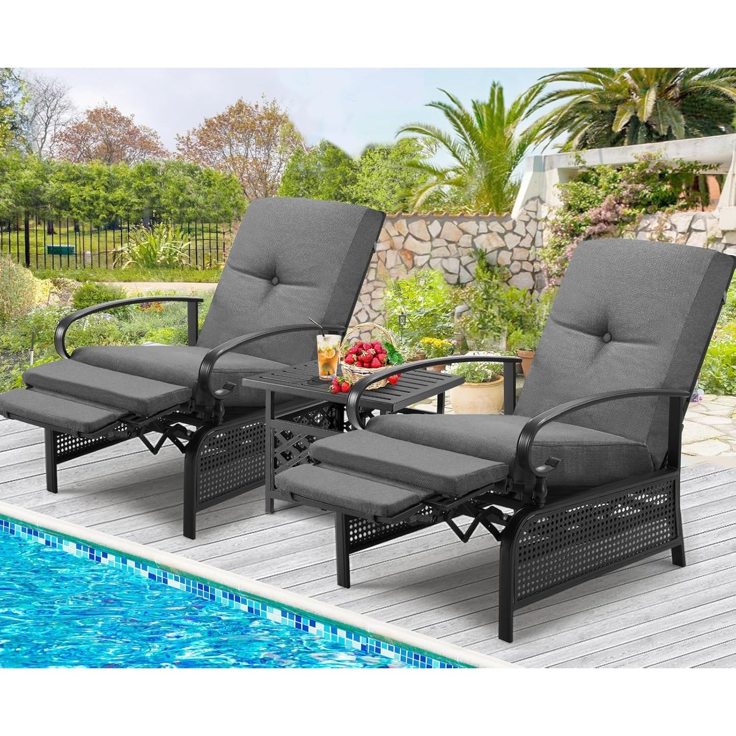YODOLLA Outdoor Recliner Chairs Set of 2 with Side Table
