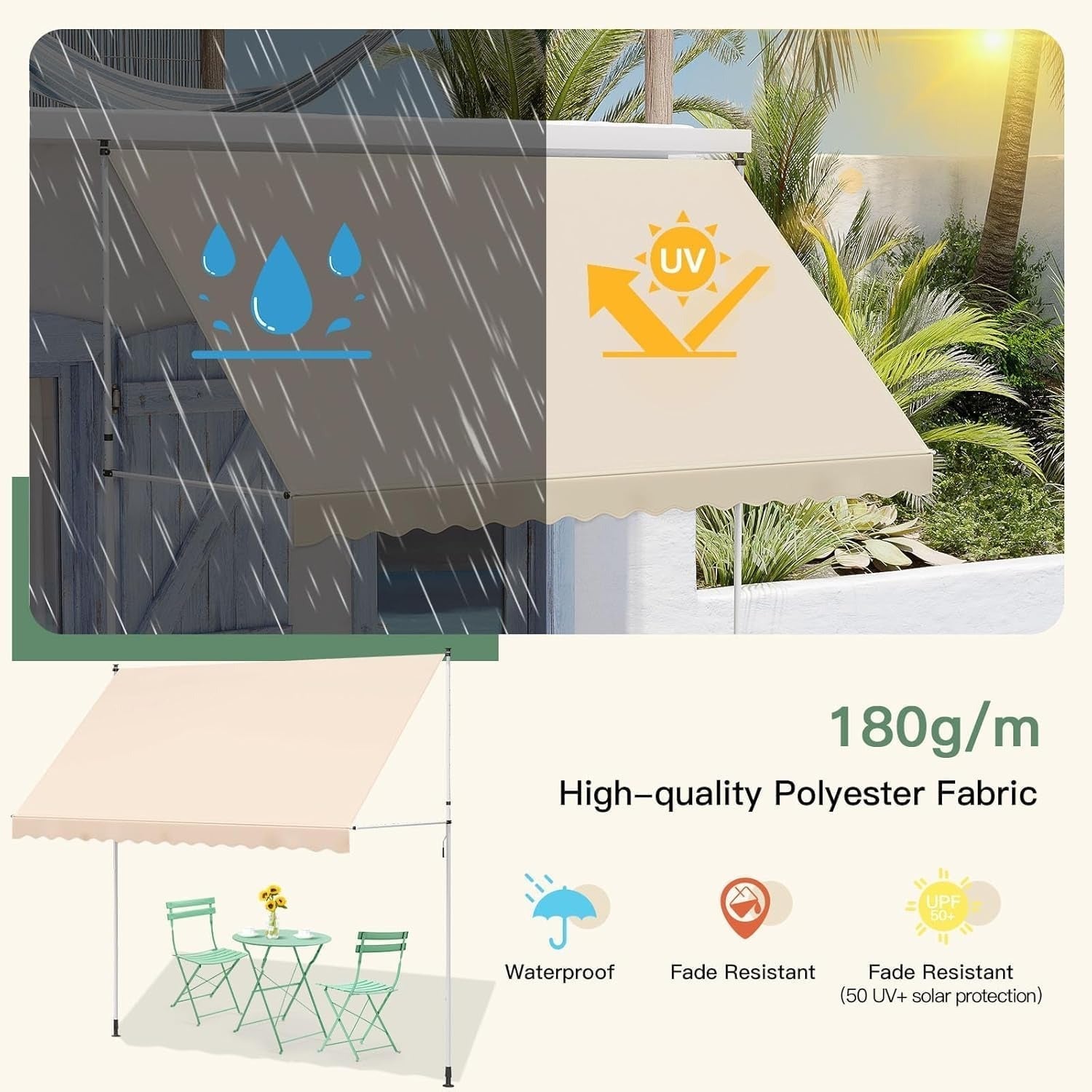 YODOLLA 3x1.8m DIY Free Standing Awning, Beige