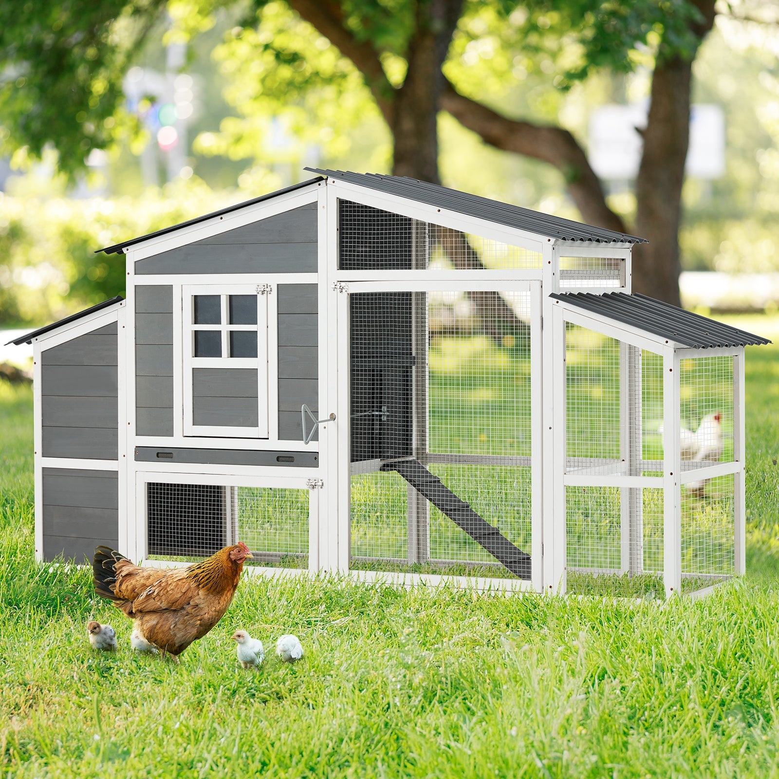 YODOLLA 81” Large Chicken Coop Wooden Hen House Poultry Cage, Grey & White