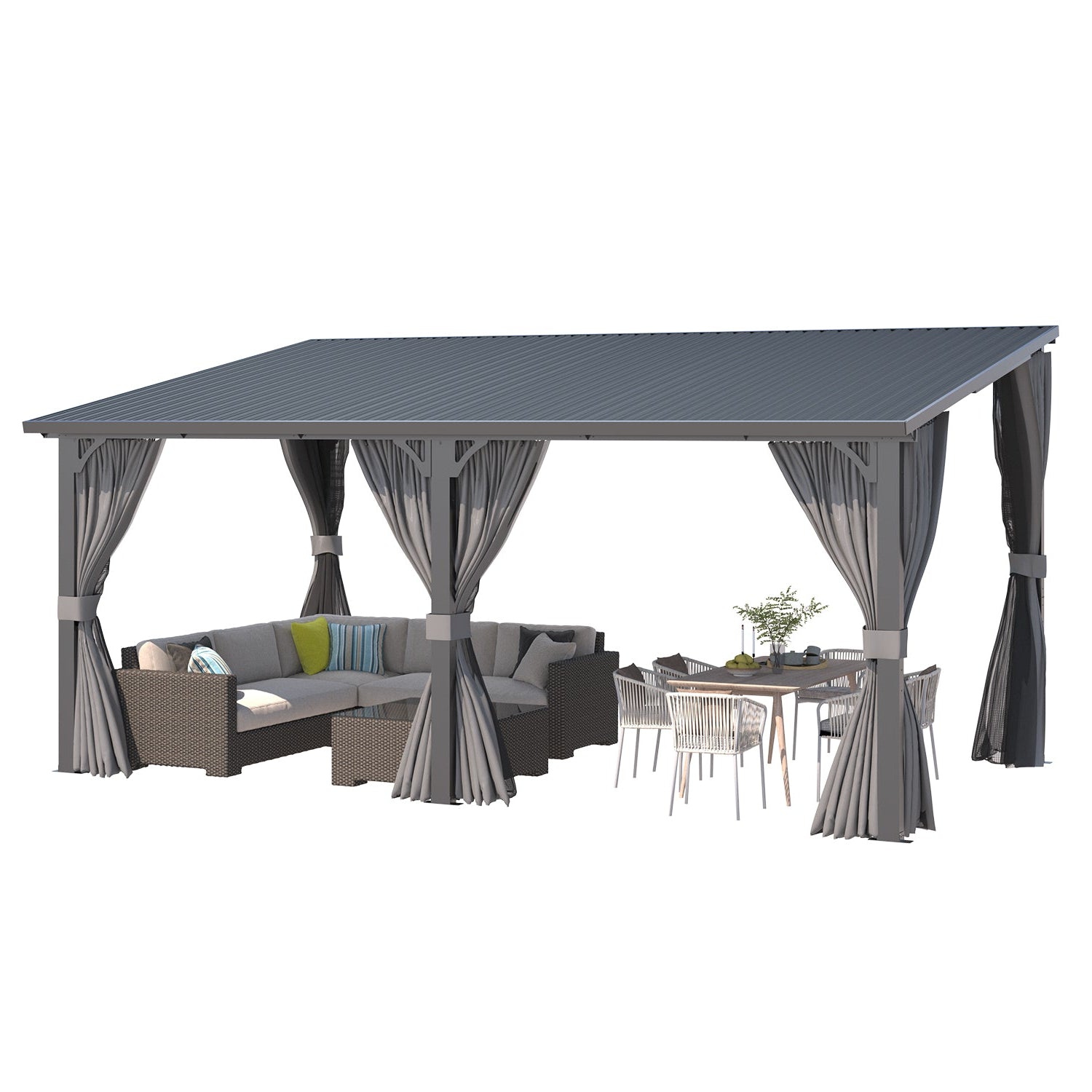 YODOLLA 16'x10' Outdoor Hardtop Gazebo Pergola with Curtains and Netting for Patio