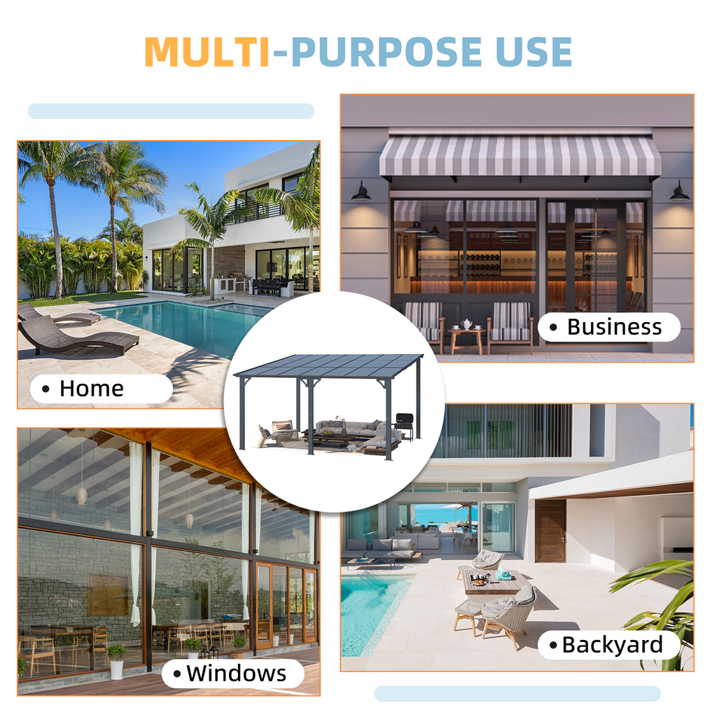 YODOLLA 14' x 12' Hard Top Lean to Gazebo Outdoor Pergola, Dark Gray