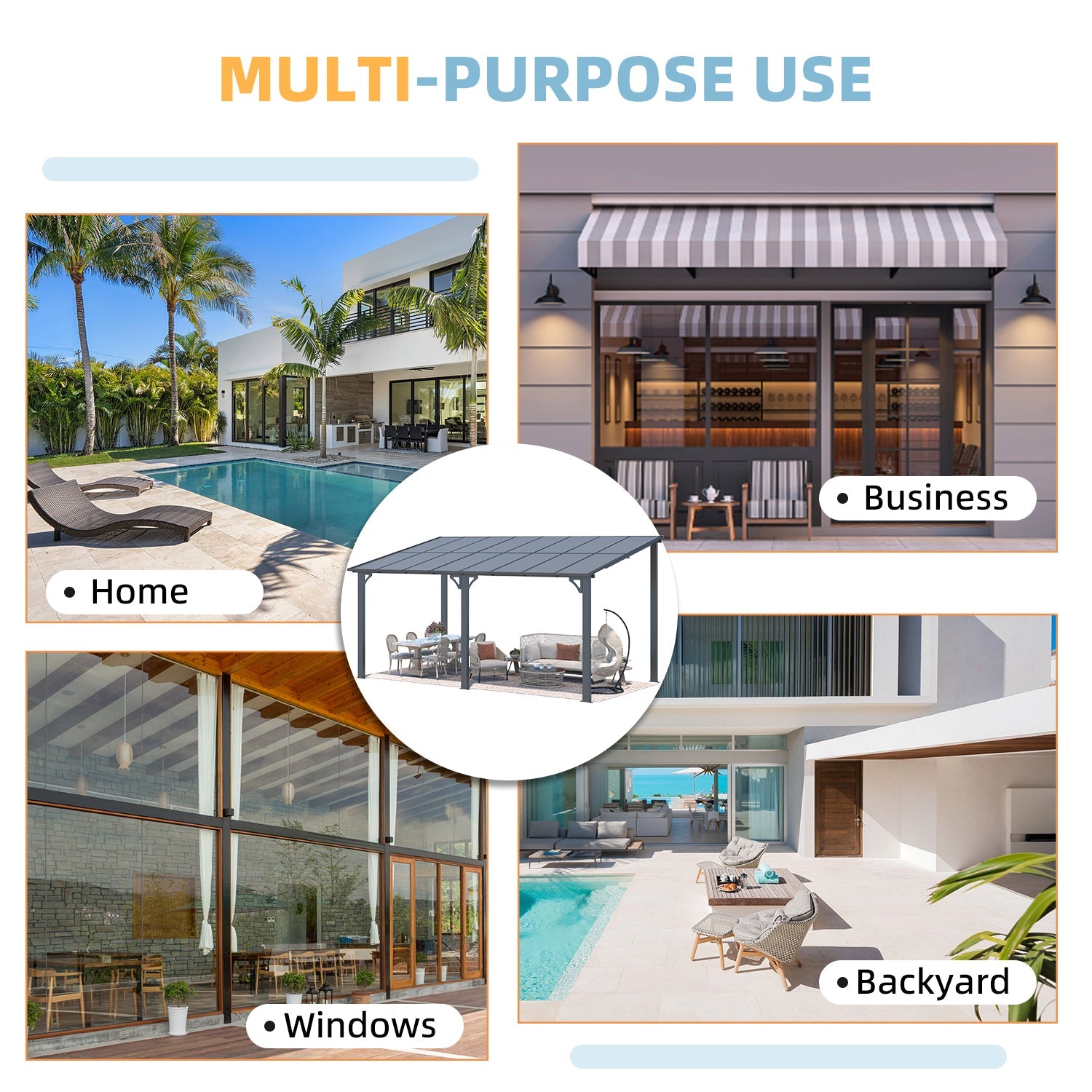 YODOLLA 16' x 8' Hard Top Lean to Gazebo Outdoor Pergola, Dark Gray