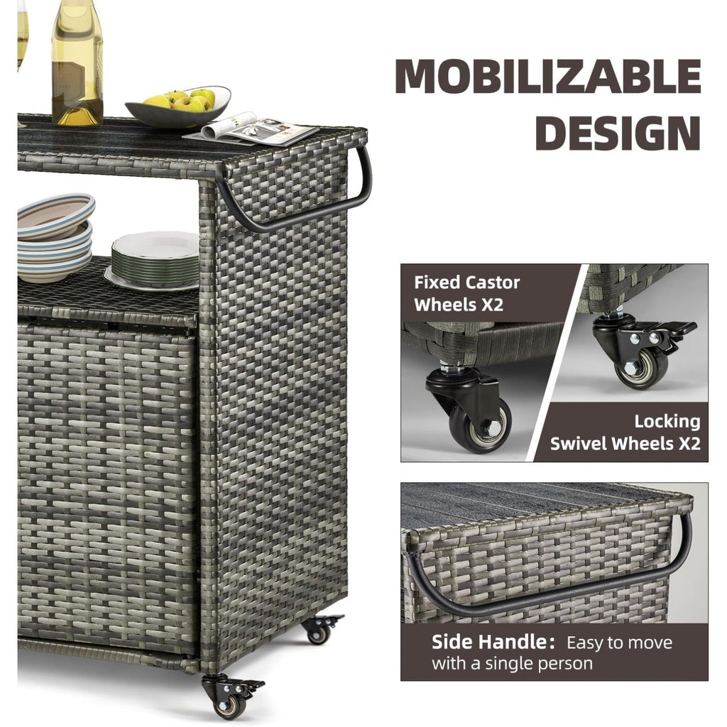 YODOLLA Outdoor Bar Cart with Storage Cabinet, Rattan Bar Table on Wheelsbest