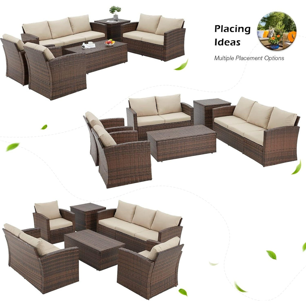 YODOLLA 7 Pieces Patio Furniture with Two Storage Boxes, Brown & Beige