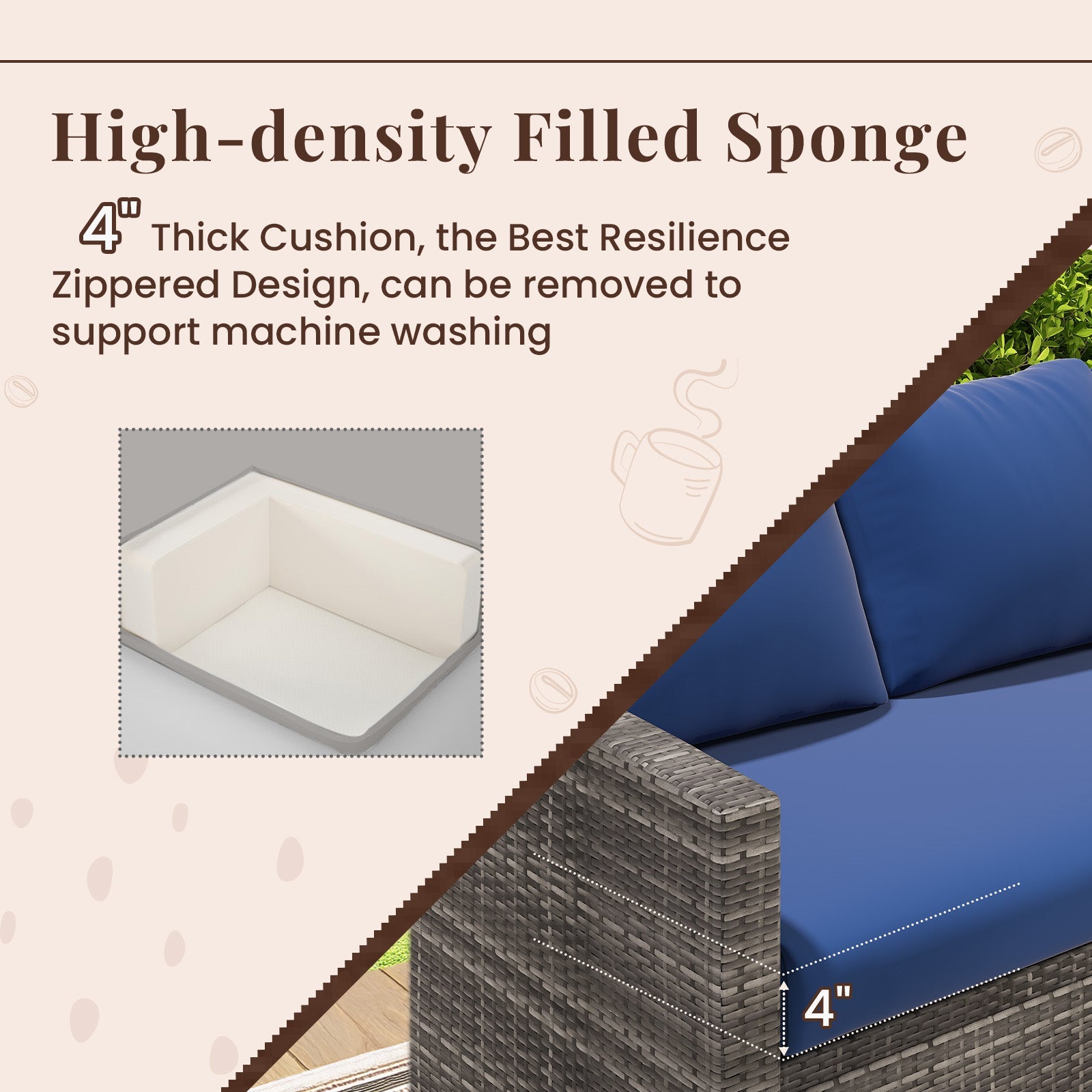 YODOLLA 7-Pc Patio Set, Grey Rattan & Blue Cushion