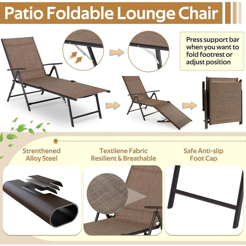 YODOLLA 7 Back & 2 Leg Adjustable Outdoor Chaise Lounge Chair Set of 2, Brown