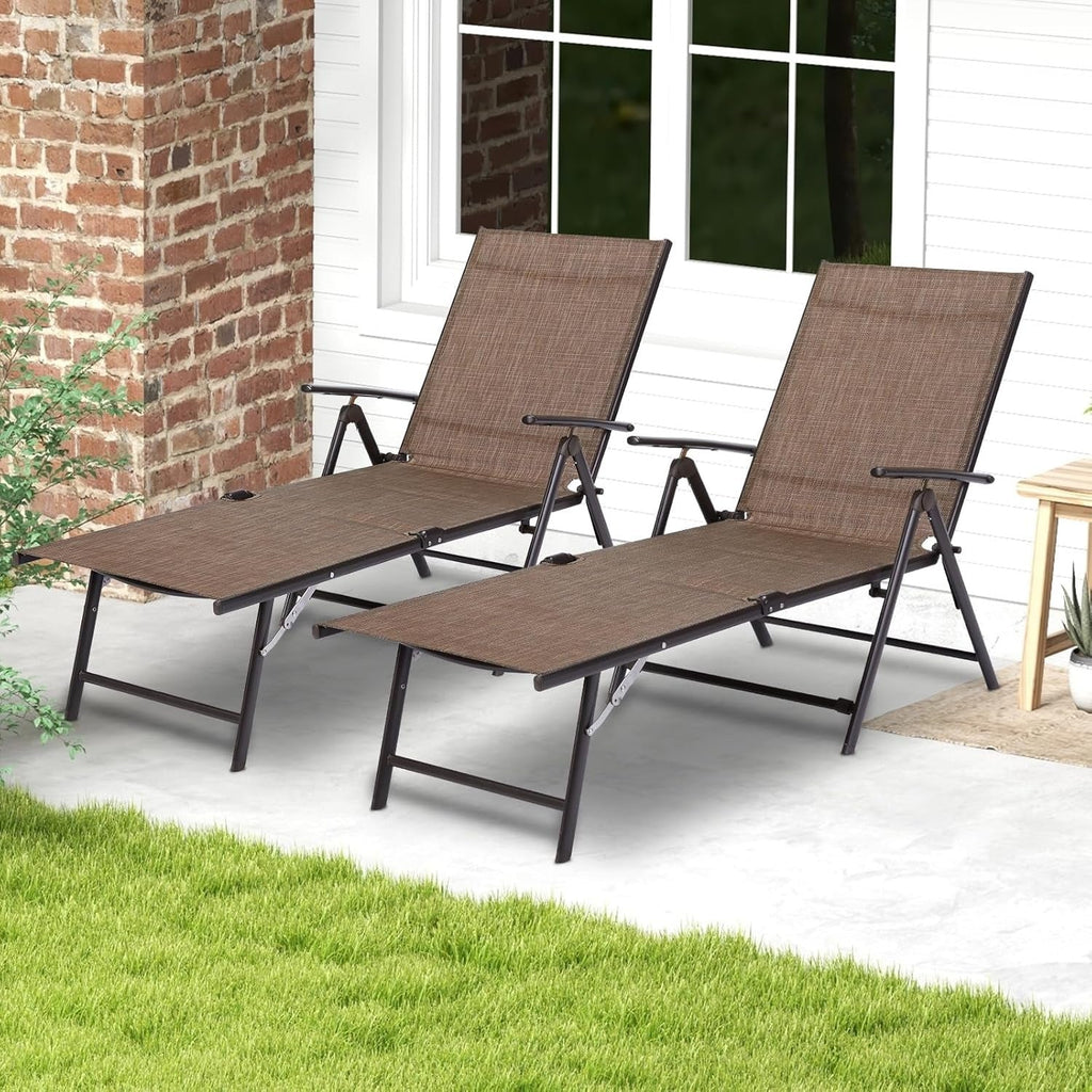 YODOLLA 7 Back & 2 Leg Adjustable Outdoor Chaise Lounge Chair Set of 2, Brown