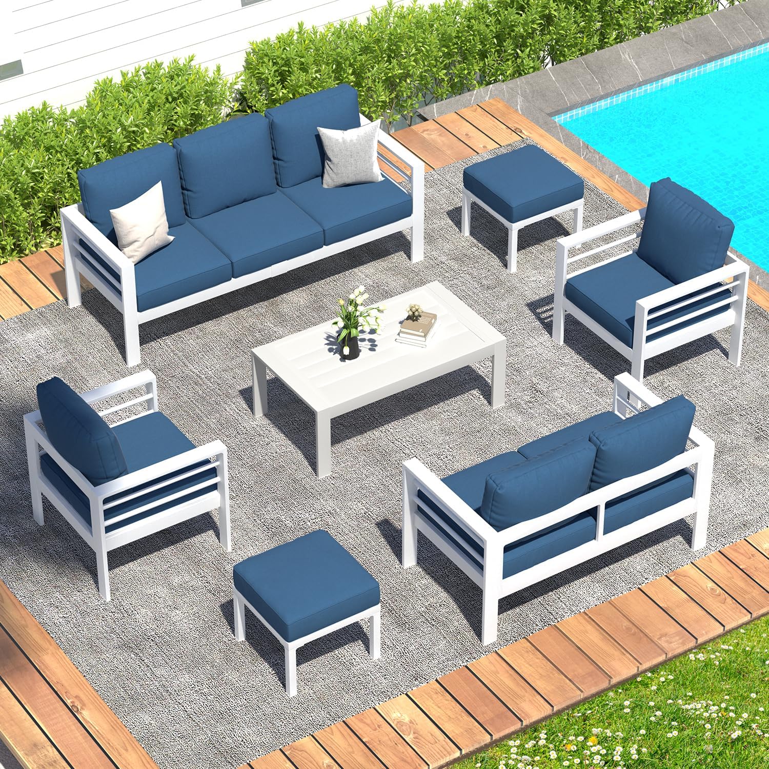 YODOLLA 7-Piece Patio Set, Aluminum, Blue Cushions