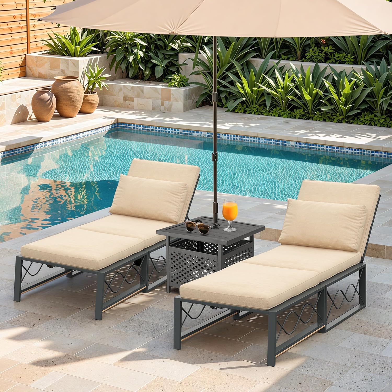 YODOLLA Outdoor Metal Chaise Lounge Adjustable Chair Set of 2 with 1 Side Table