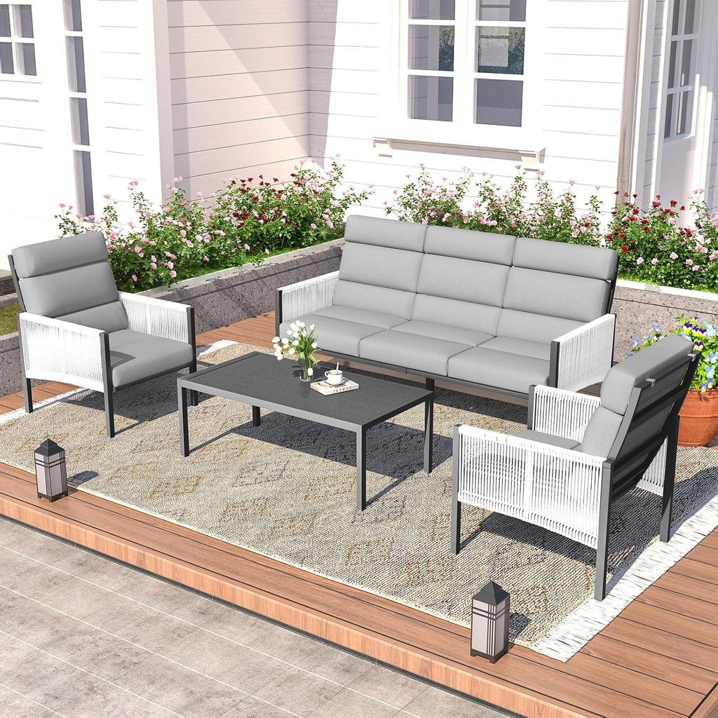 YODOLLA 4 Pieces Aluminum Patio Furniture Set with PE Rope Armrest, Light Greybest