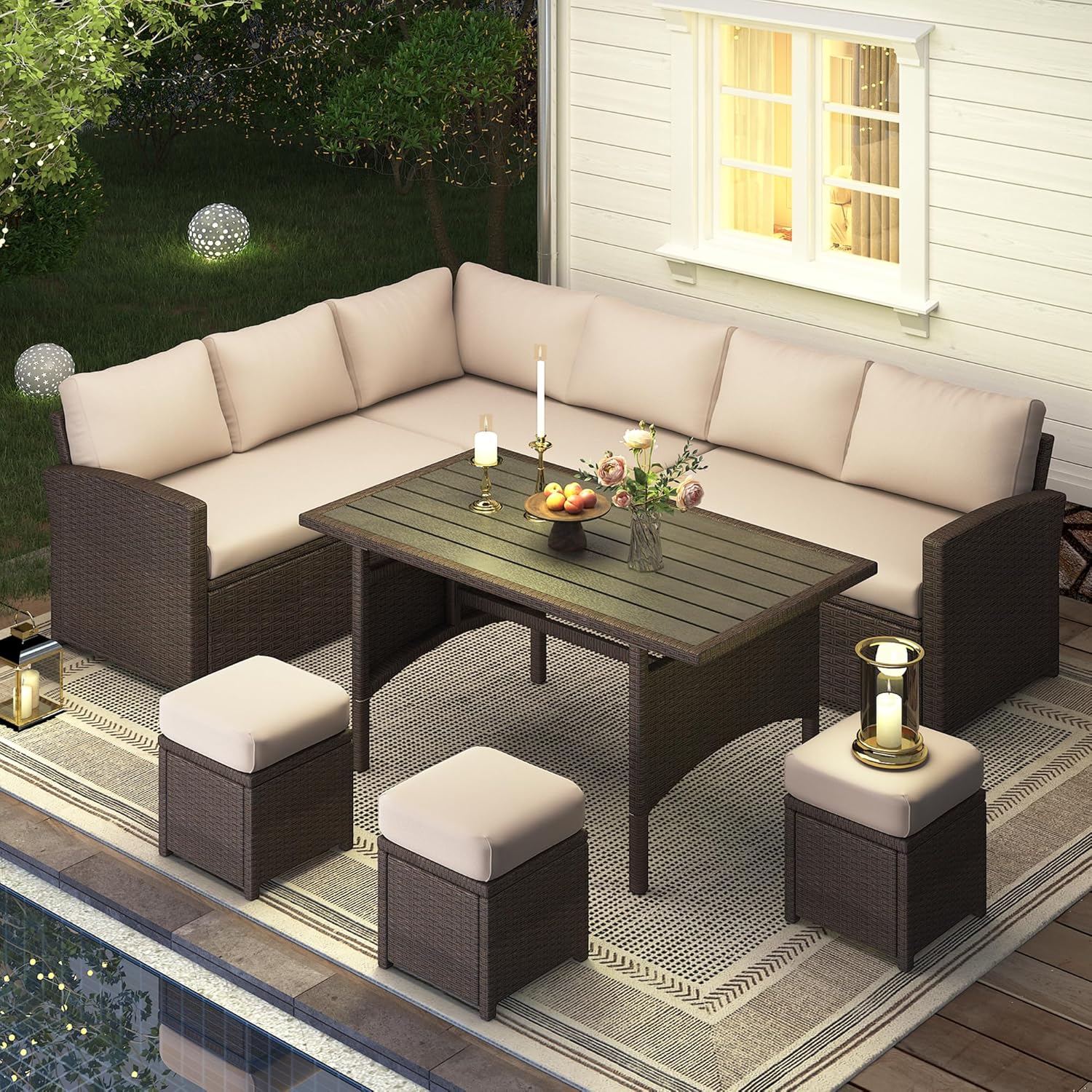 YODOLLA  7-Pc Patio Set, Brown Rattan & Khaki Cushions