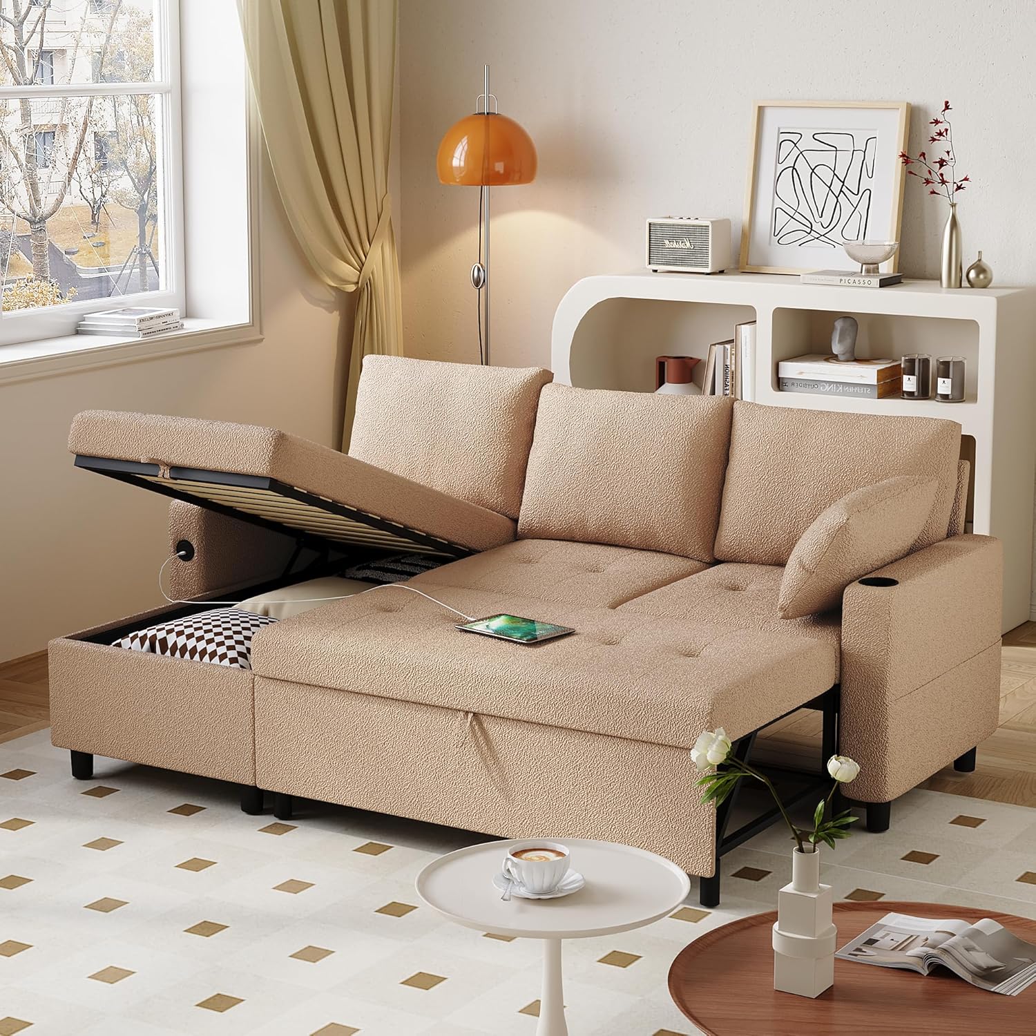 YODOLLA Teddy Velvet L-Shaped Sleeper Sofa, Pullout Bed, USB & Storage, Brownbest