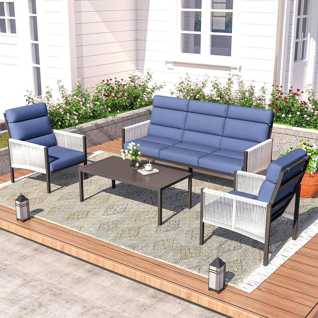 YODOLLA 4 Pieces Aluminum Patio Furniture Set with PE Rope Armrest, Dark Bluebest