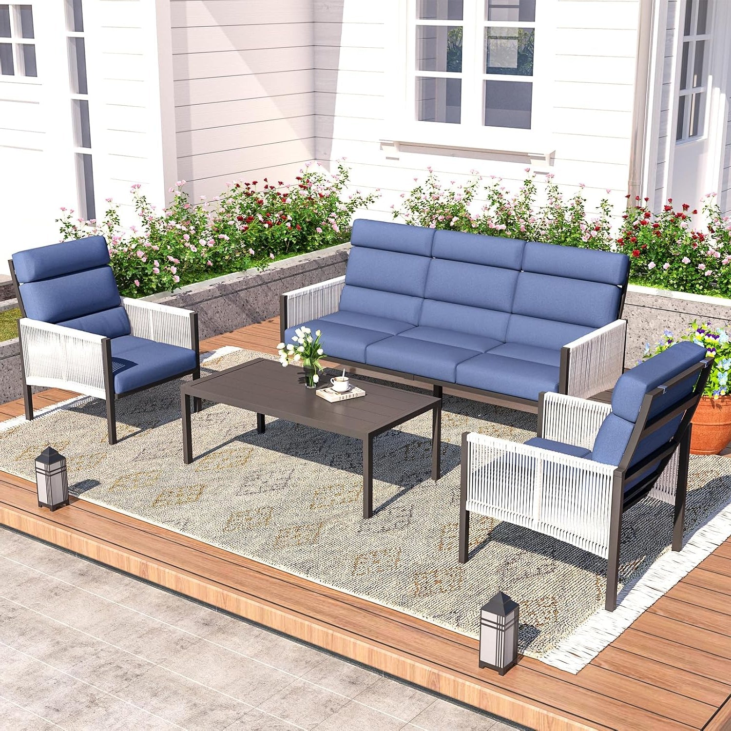 YODOLLA 4 Pieces Aluminum Patio Furniture Set with PE Rope Armrest, Dark Bluebest