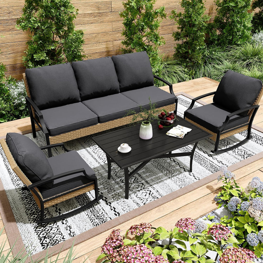 YODOLLA Outdoor Patio Furniture Set, 4 Piece Rattan Conversation Bistro Set with Coffee Tablebest