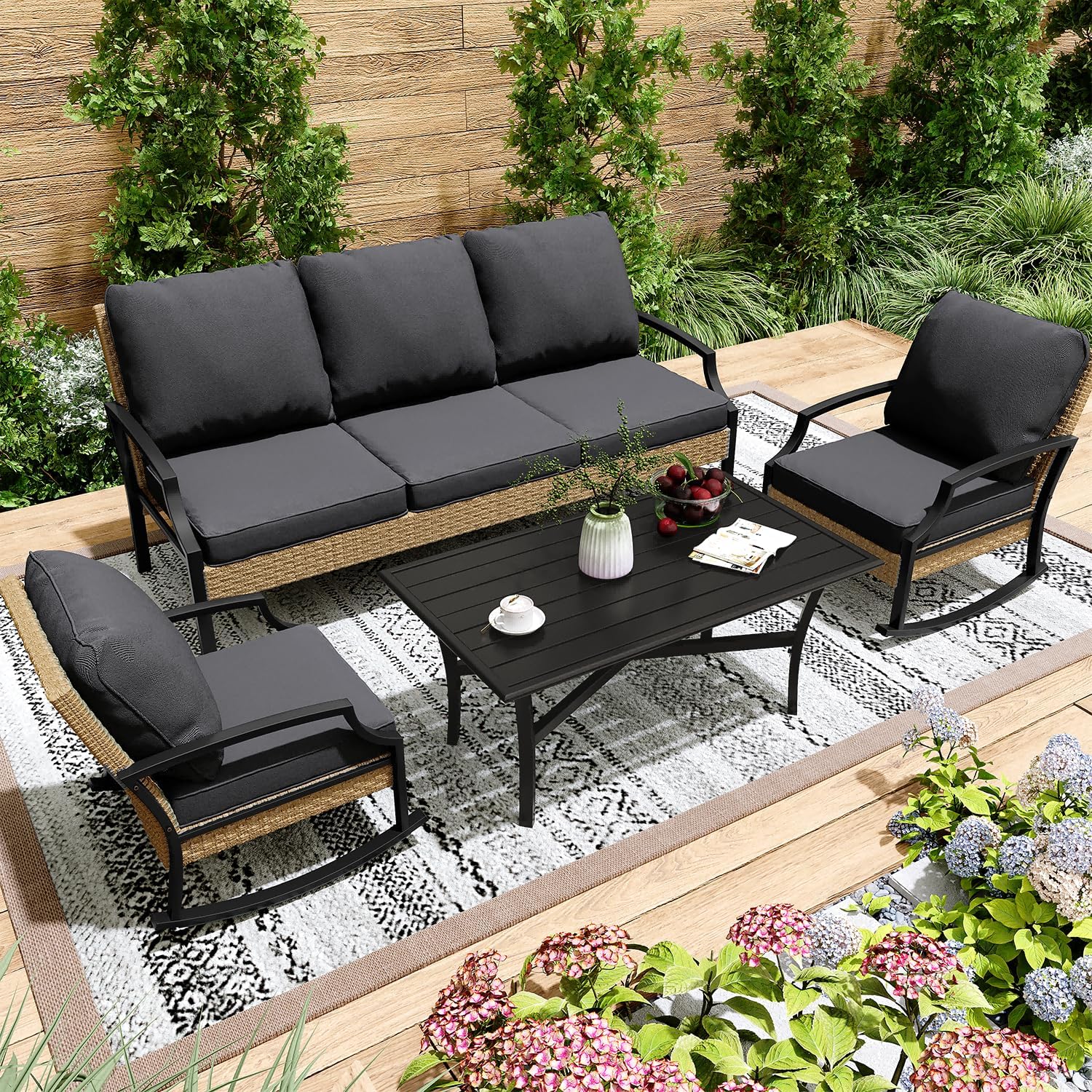 YODOLLA Outdoor Patio Furniture Set, 4 Piece Rattan Conversation Bistro Set with Coffee Tablebest
