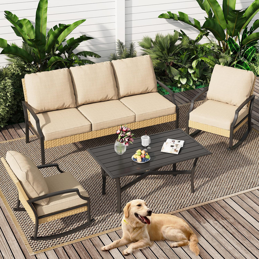 YODOLLA Outdoor Patio Furniture Set, 4 Piece Rattan Conversation Bistro Set with Coffee Tablebest
