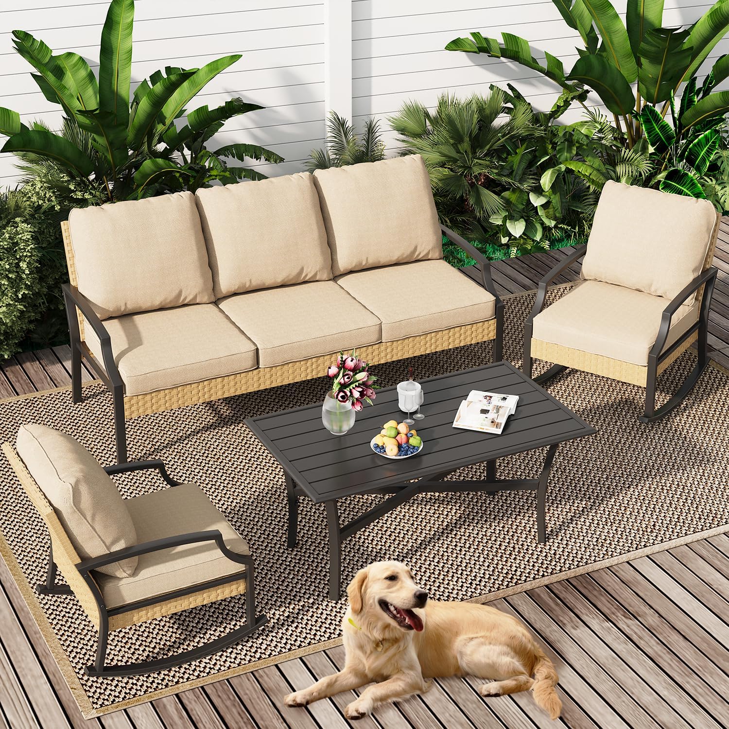 YODOLLA Outdoor Patio Furniture Set, 4 Piece Rattan Conversation Bistro Set with Coffee Tablebest