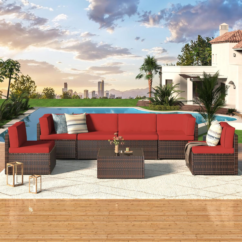 YODOLLA 7 Piece Outdoor Patio Furniture Set, Brown & Red