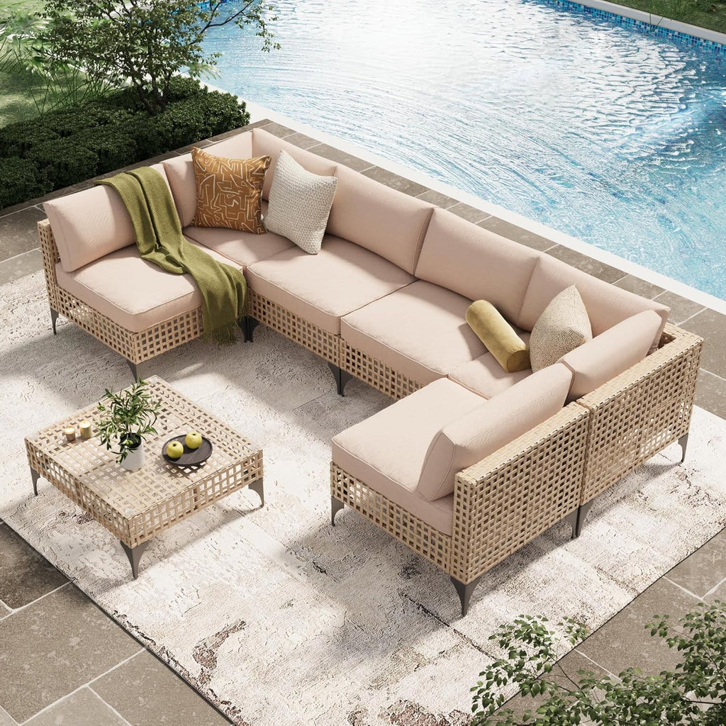 YODOLLA 7-Piece Outdoor Sofa Set, Beige Rattan & Cushions